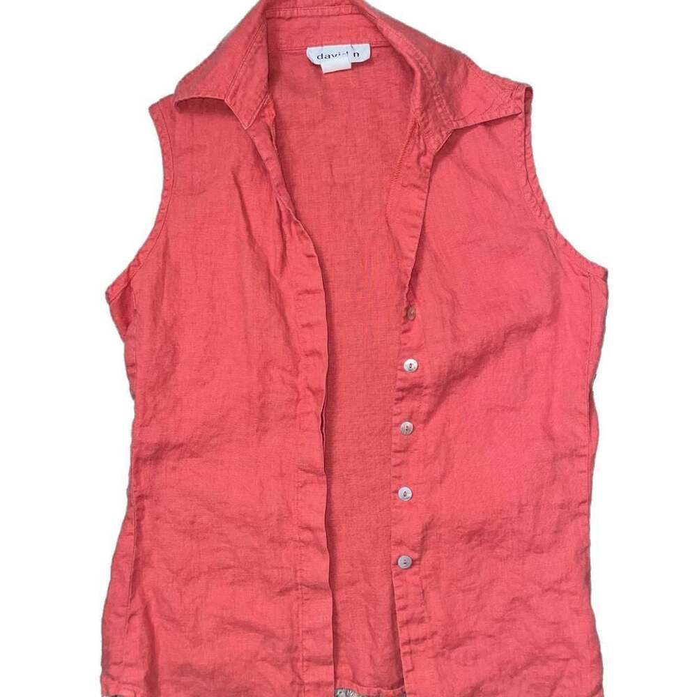 David N Blue Sleeveless Button-Up Collar Linen-like Blend Top